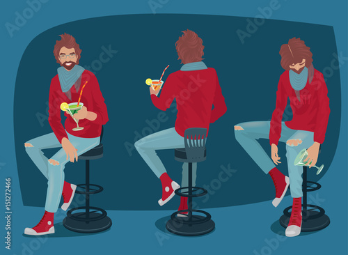 Set of images of young man with cocktail, club visitor, in different poses. Guy sits on the bar stool in front, his back, getting drunk falls from the chair