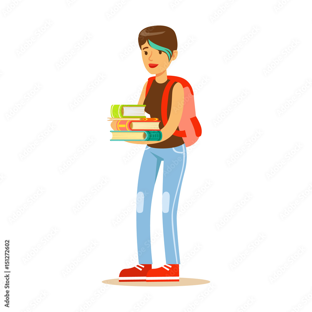 Girl with modern short haircut standing with books in her hands Student lifestyle colorful characte Girl with modern short haircut standing with books in her hands Student lifestyle colorful characte
