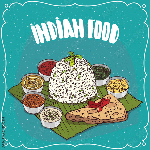 Traditional food, dish of Indian cuisine, serving white rice with seasoning sauces like chutney and pieces of flatbread, on banana leaf plate. Hand drawn comic style
