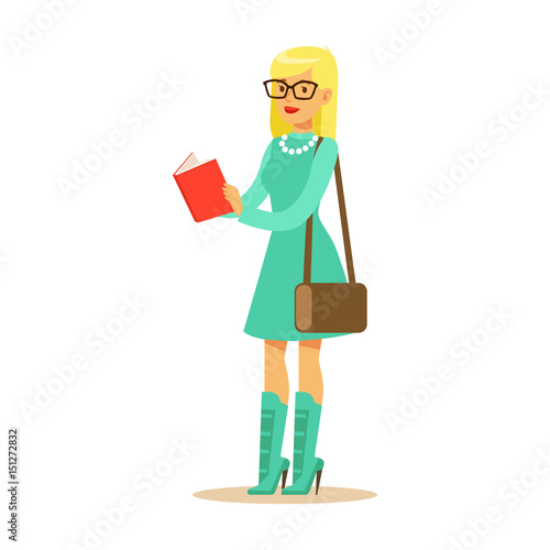 Fashionable student girl in a light blue dress and high heeled boots standing and reading a book. Student lifestyle colorful character vector Illustration