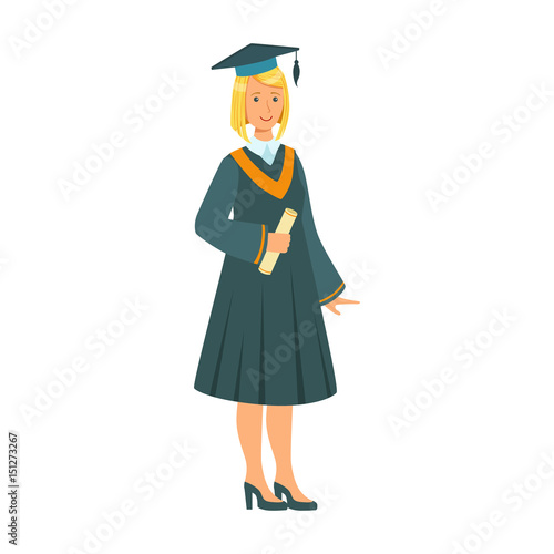 Graduate girl in the mantle holding graduation diploma scroll. Colorful cartoon illustration