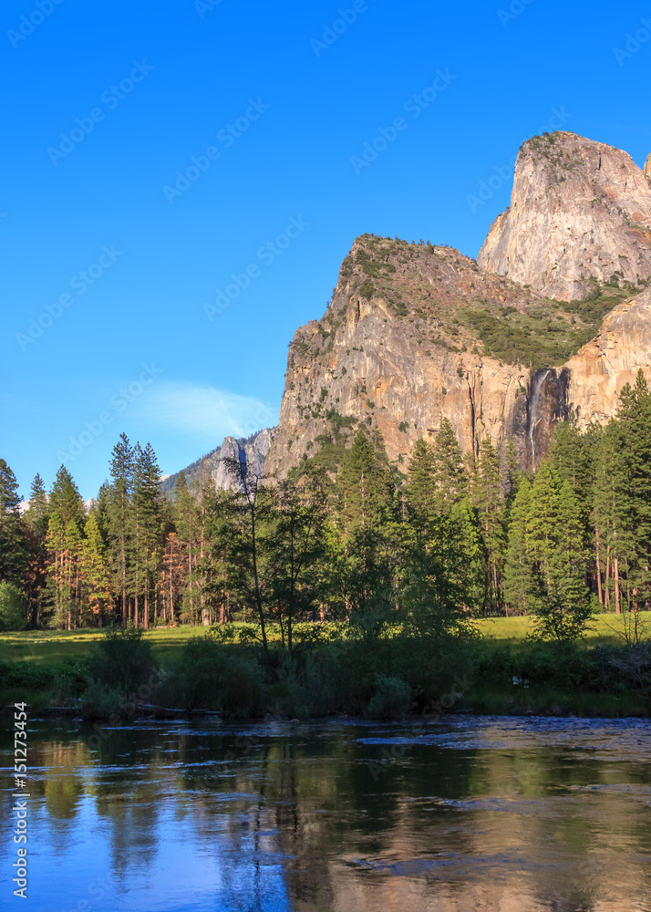 Scenic View in Yosemite Valley with Waterfall and Lake