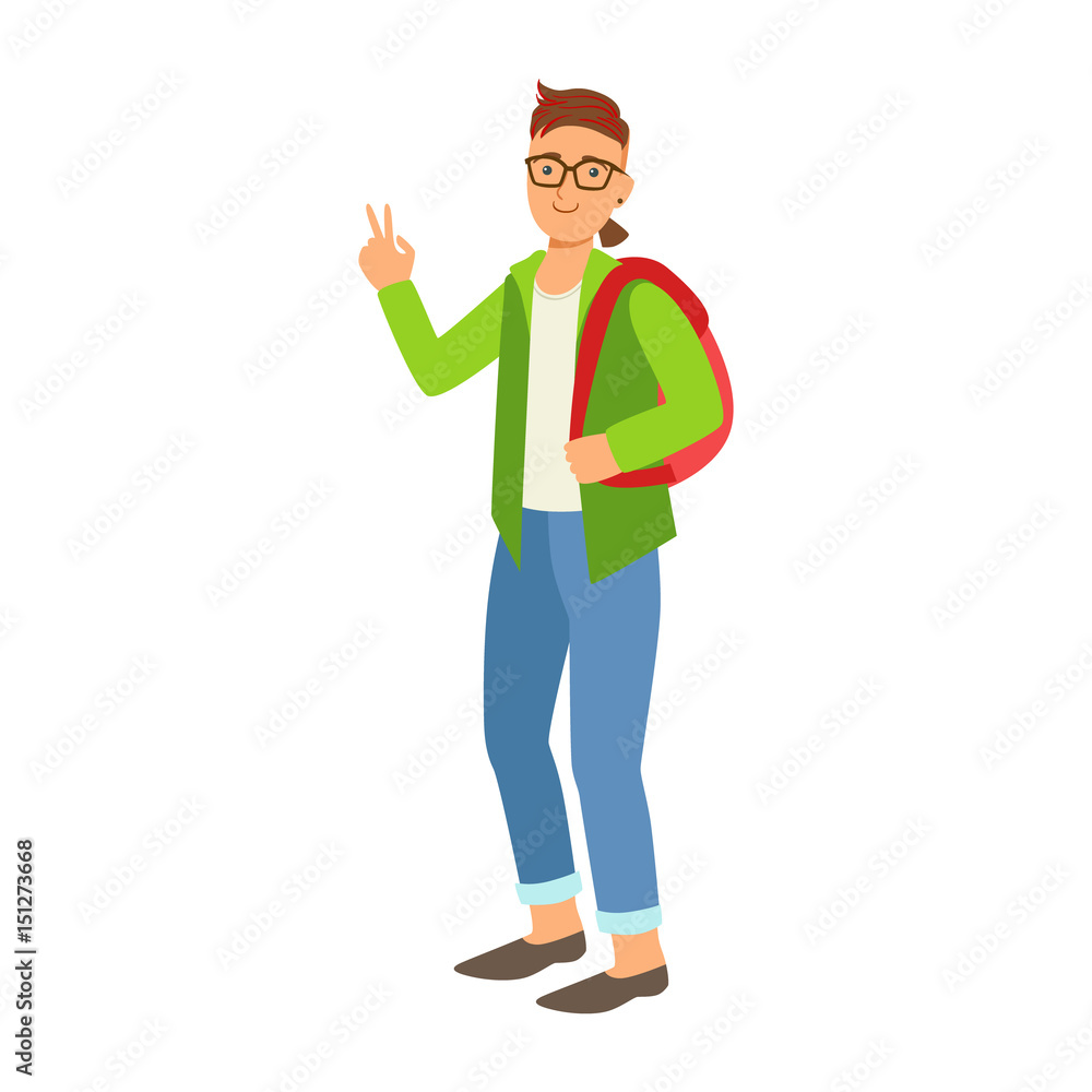 Student with red backpack holding education books. Colorful cartoon illustration