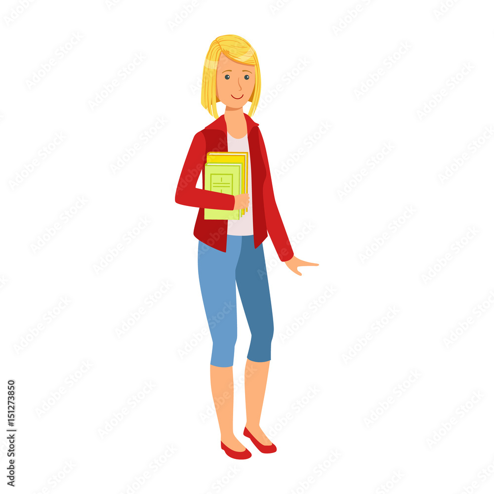 Smiling student girl in red jacket holding books in her hands. Colorful cartoon illustration Smiling student girl in red jacket holding books in her hands. Colorful cartoon illustration