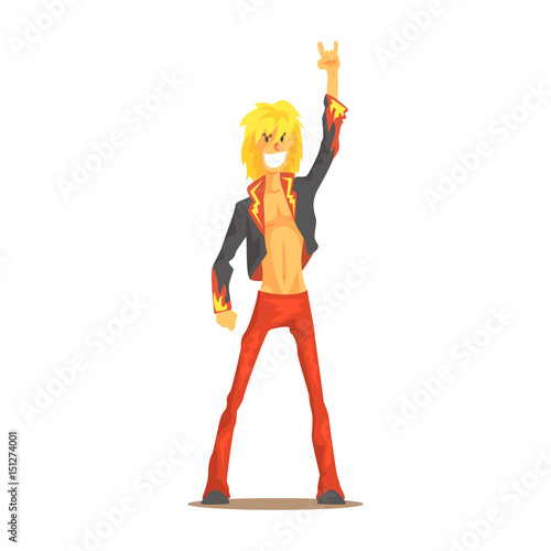 Rocker man showing rock and roll gesture, rock star colorful character vector Illustration