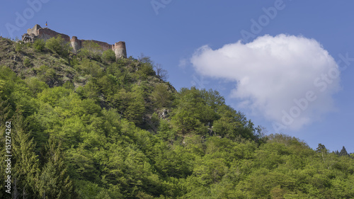 Bottom view of Poenari Castle in ruined castle in Romania which was a home of Vlad the Impaler  on a sunny day