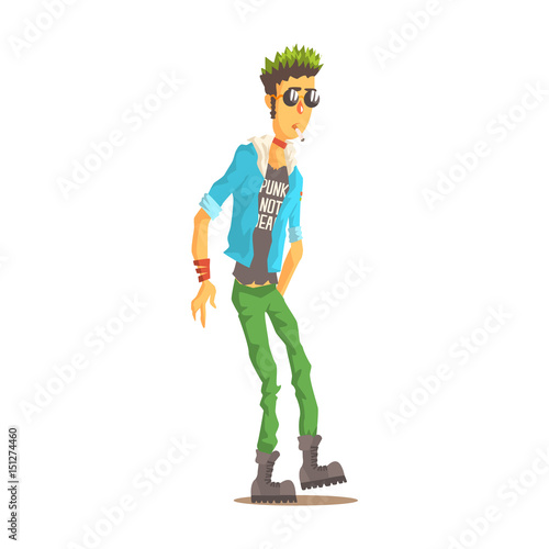 Punk man with green hair dressed in punks style clothing, colorful character vector Illustration