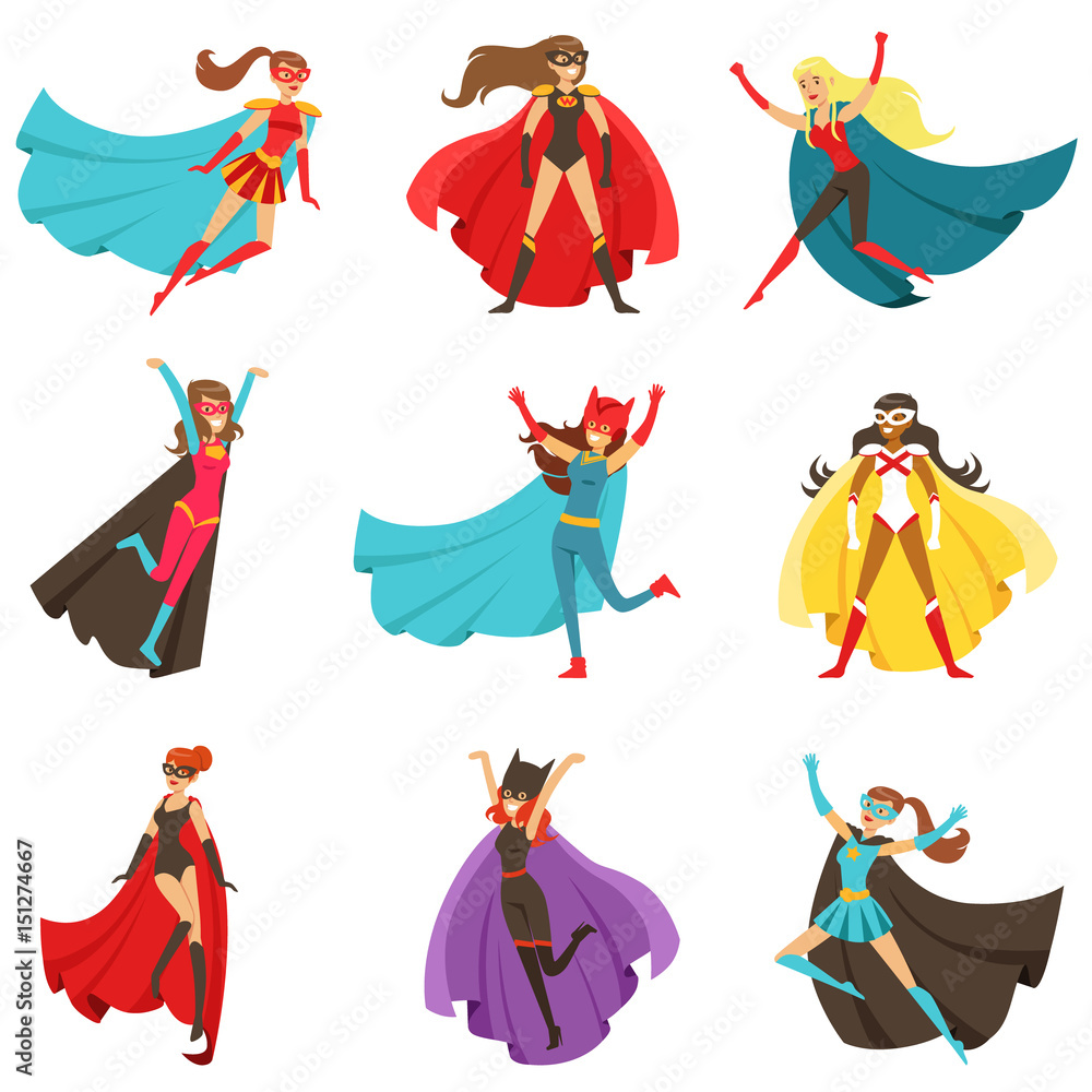 Female Superheroes In Classic Comics Costumes With Capes Set Of Smiling  Flat Cartoon Characters With Super Powers vector de Stock | Adobe Stock
