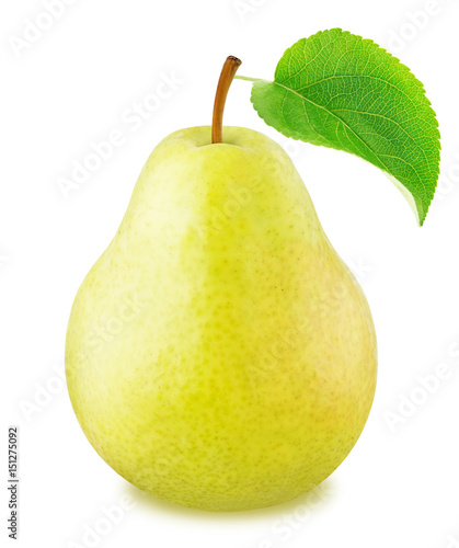 Ripe yellow pear with green leaf isolated