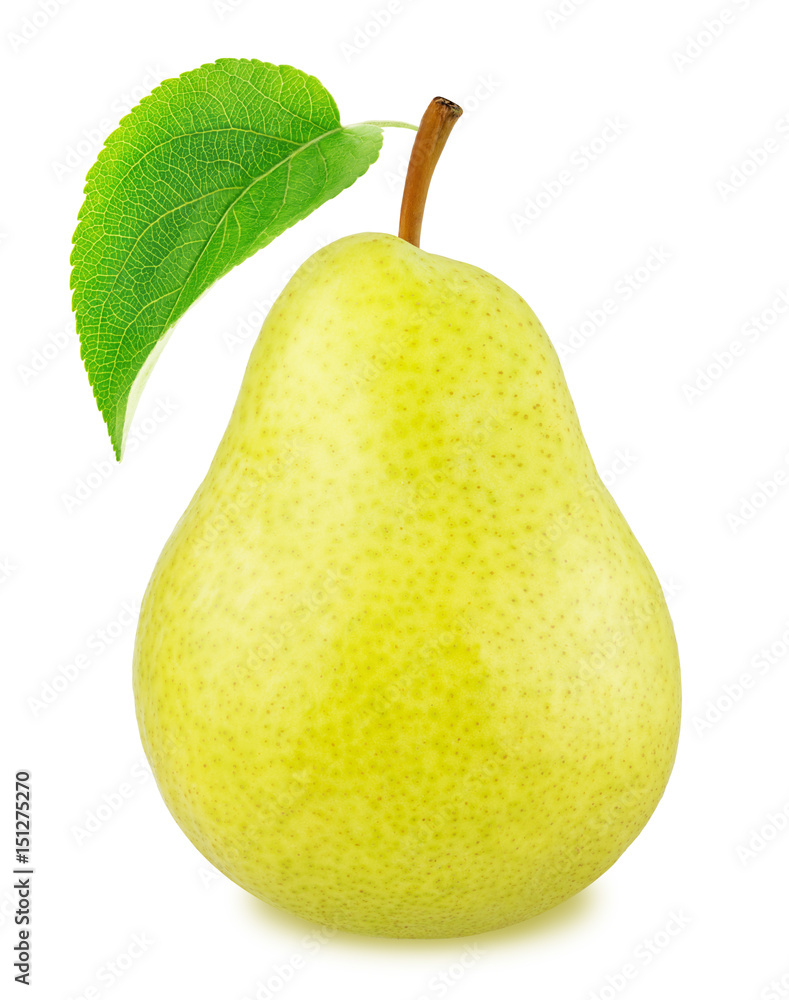 Ripe yellow pear with green leaf isolated Ripe yellow pear with green leaf isolated