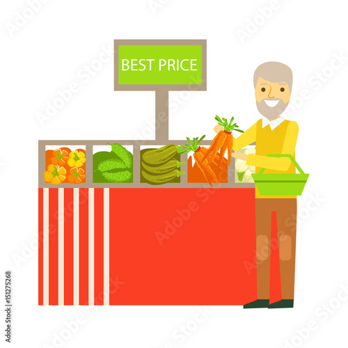 An elderly man choosing vegetables with best prise signboard in a supermarket. Colorful character vector Illustration