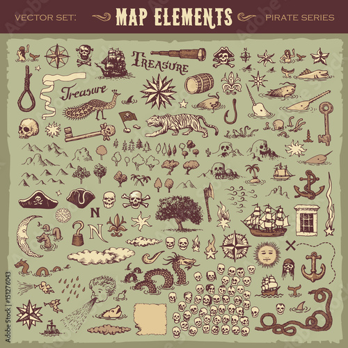 Vector illustrated set of various vintage map elements photo