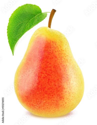 Ripe pear with green leaf isolated
