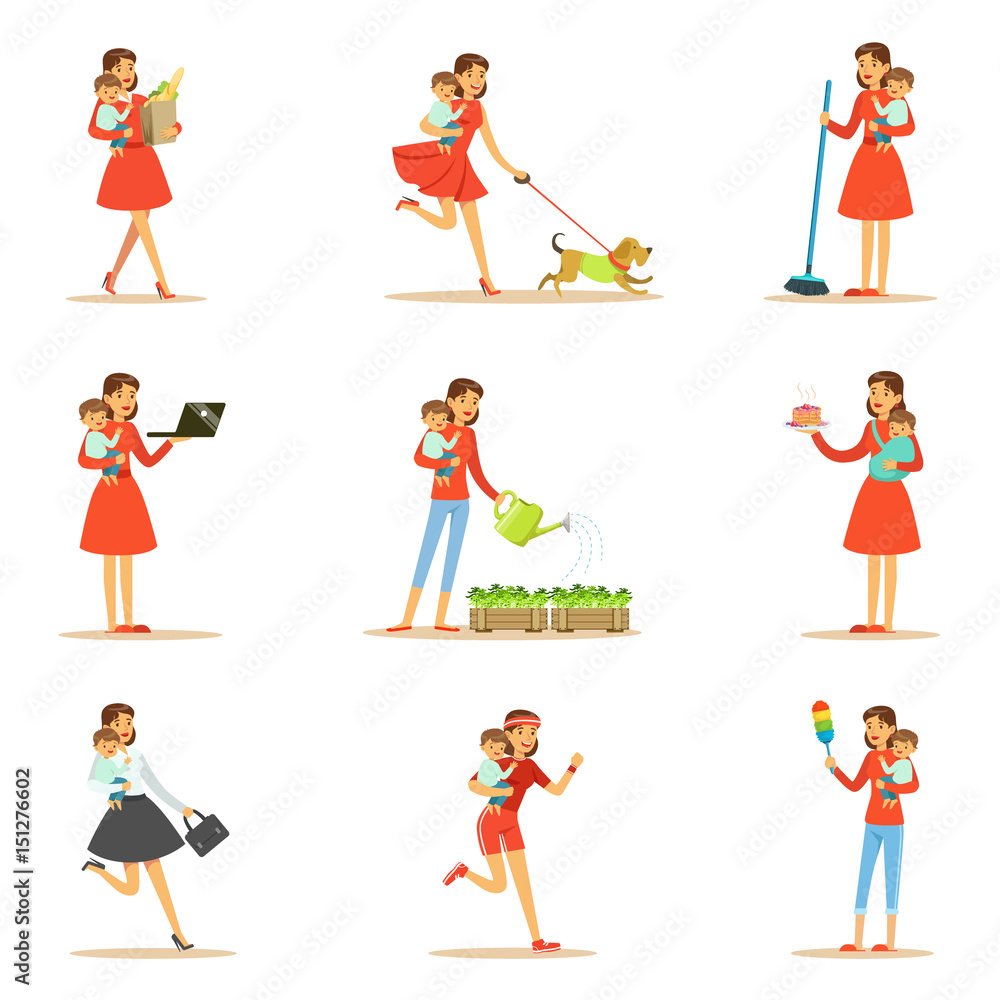 Mother Holding Baby In Arms Doing Different Activities Set Of Illustrations With Supermom And Her Duties