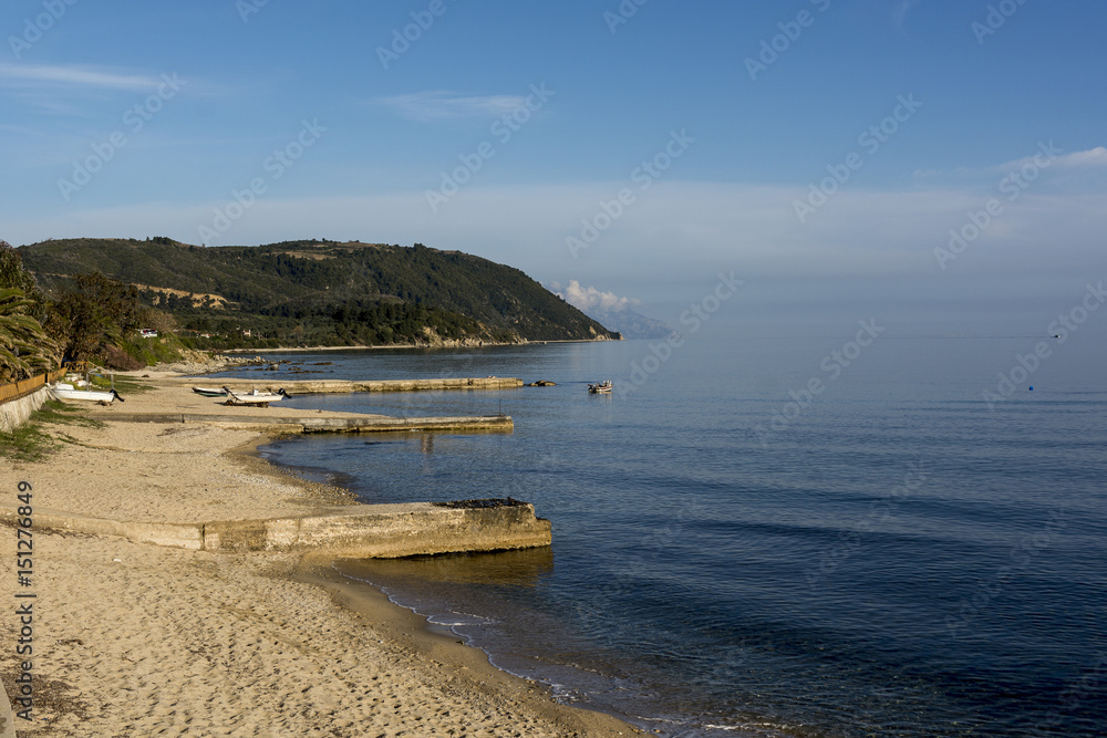 Beautiful Aegean sea coast landscape with beach, near Ouranopolis, Greece, spring day