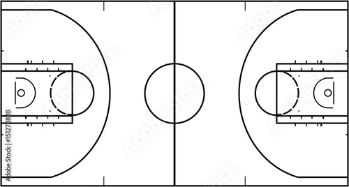 Basketball court isolated on white background. Top view vector illustration.