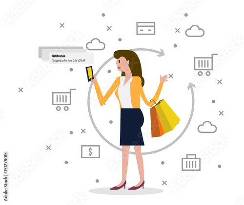 Happy woman holding shopping bag receive promotion notification on mobile phone. e-commerce and mobile marketing concept. flat design vector illustration. eps10