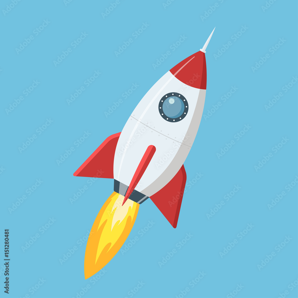 Flying cartoon rocket in flat style isolated on blue background. Vector  illustration. Stock Vector | Adobe Stock