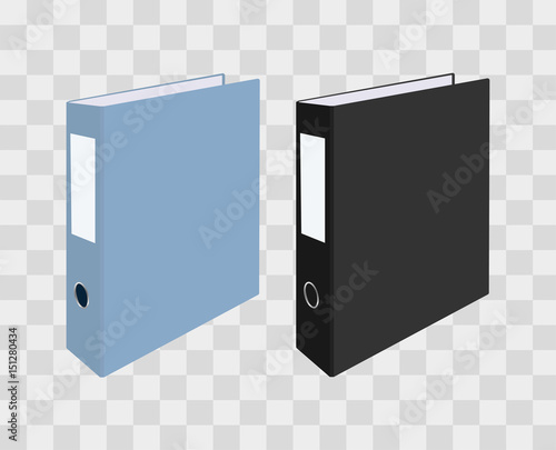 Blank closed office binders on transparent checkered background. Vector illustration.