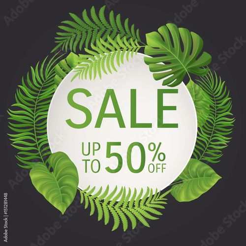 Summer lettering. Tropical palm leaves background. Vector illustration EPS10.