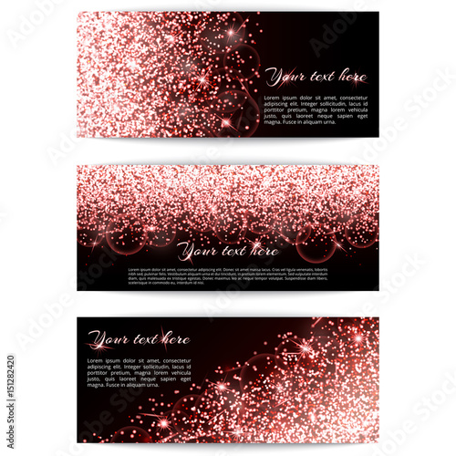 Set of horizontal banners with pink sparkles. A brilliant pattern on a black backdrop.
