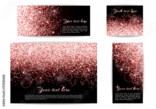 A collection of banners with shimmering pink lights. Glitter pattern on a black backdrop.
