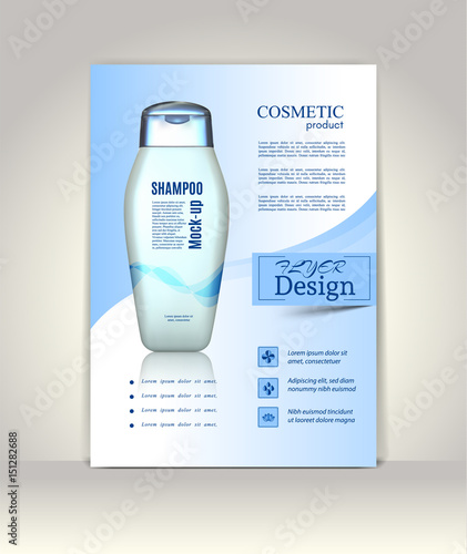 Flyer, brochure or magazine cover template. Cosmetic ads poster.3D Realistic shampoo bottle vector illustration