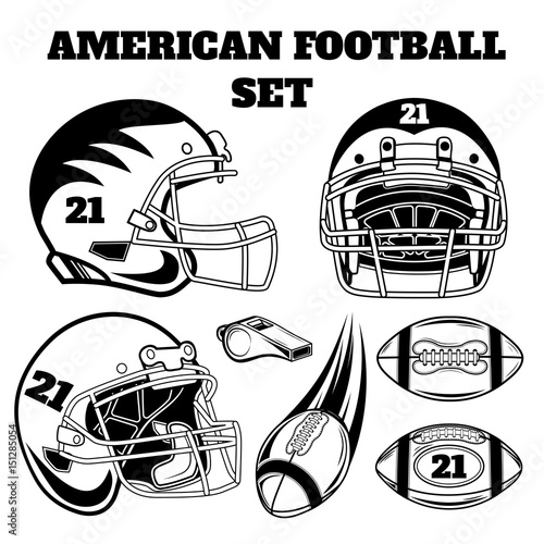 Vector black and white set of american football design elements for logos, badges, design, web pages.