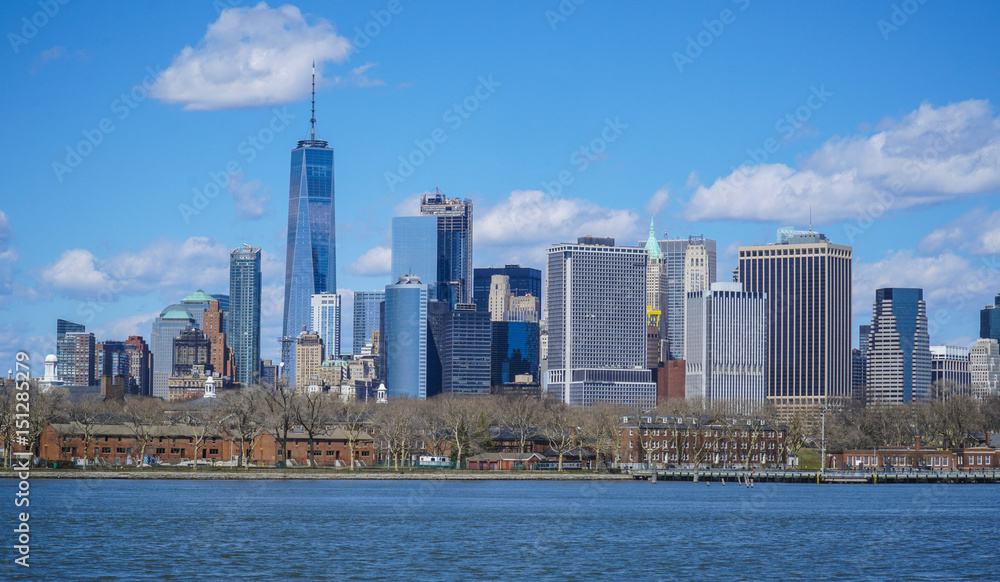 Typical Manhattan New York Skyline - view from Hudson River- MANHATTAN / NEW YORK - APRIL 1, 2017
