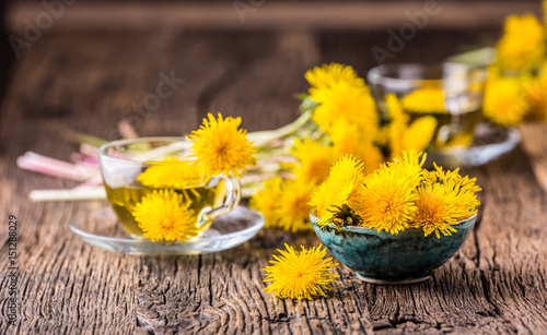 Dandelion Tea.Yellow dandelion flowers and tea cups.