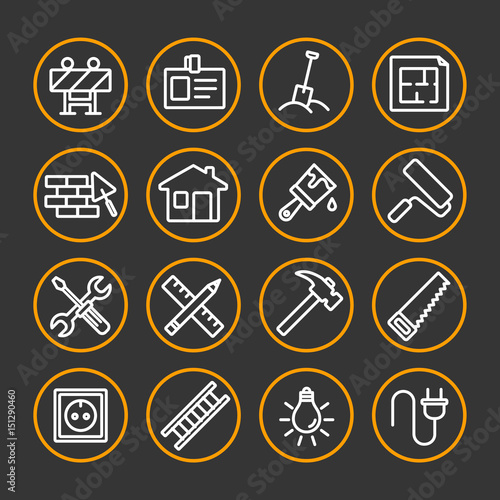 Construction and home repair. Line icon set.