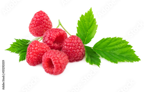Isolated raspberries. Organic raspberry with fresh leaf isolated on white background