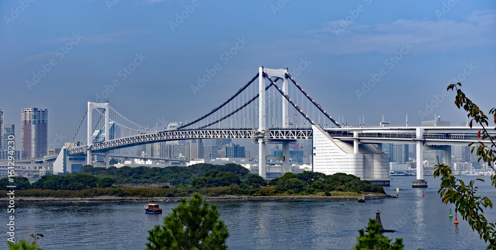 Rainbow Suspension Bridge, which connects central Tokyo to the Daiba Island development in Tokyo Bay, Japan Rainbow Suspension Bridge, which connects central Tokyo to the Daiba Island development in Tokyo Bay, Japan