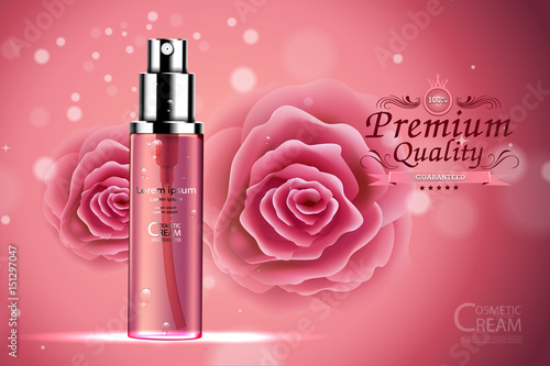 Luxury cosmetic Bottle package skin care cream, Beauty cosmetic product poster, with Rose and Bokeh background