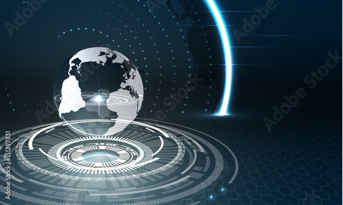 World sphere with glow./Abstract background with transparent sphere, with blue colors and glow and futuristic elements, hexagons . Used a clipping mask. Used opacity masks and transparentes.
