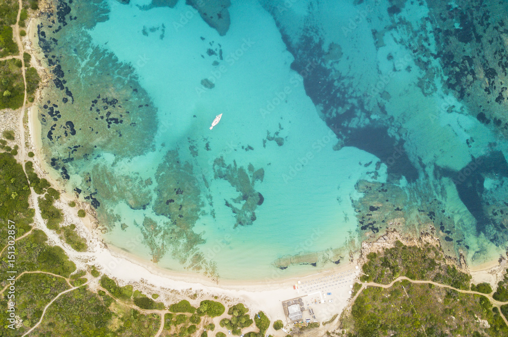 Aerial view of the Sardinian Emerald Coast, with its turquoise sea. Costa Smeralda in Sardinia Island, is one of the most beautiful and famous coasts in the world