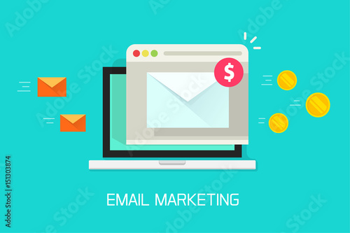 Email marketing campaign vector illustration, flat cartoon laptop computer screen with browser window and email newsletter conversion to money flow, income from e-mail campaign
