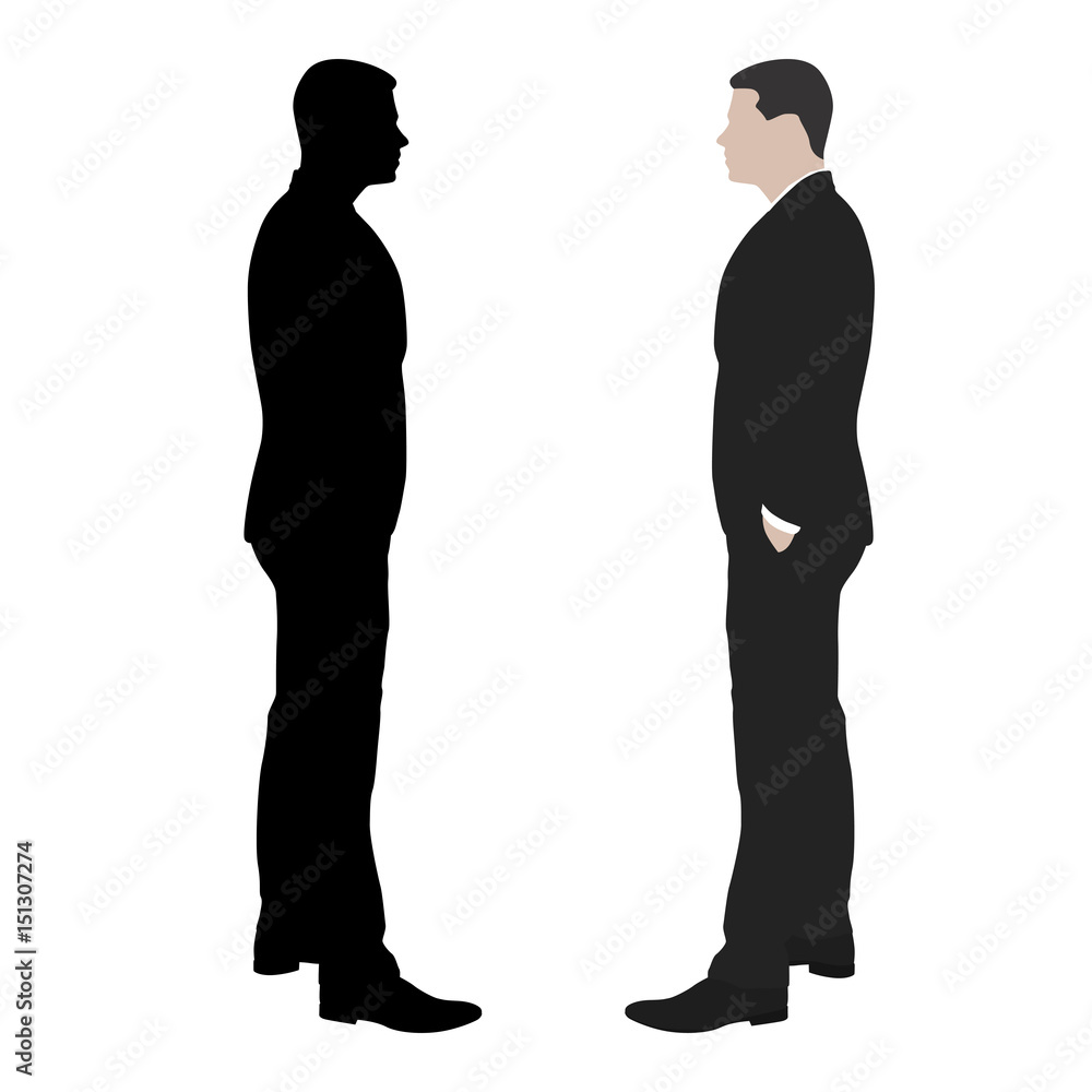 Business man standing with hands in his pockets, side view, vector silhouette and flat illustration