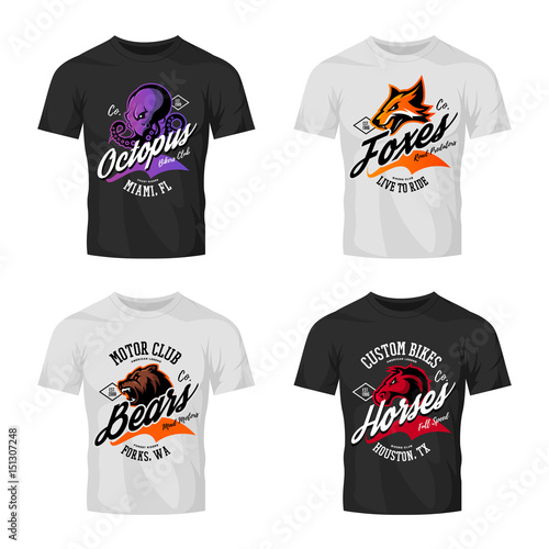 Vintage furious octopus, bear, fox and horse bikers club tee print vector design on t-shirt mockup. 
Street wear t-shirt emblem set. Premium quality wild animal mascot logo concept illustration.