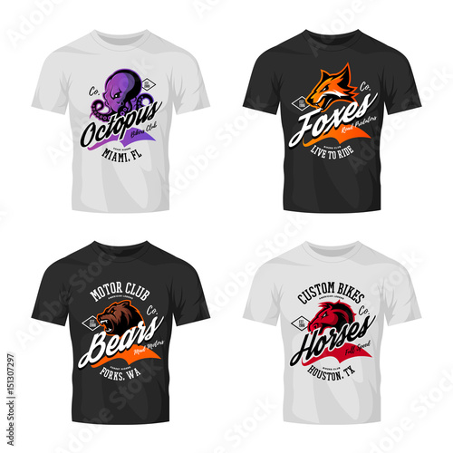 Vintage furious octopus, bear, fox and horse bikers club tee print vector design on t-shirt mockup. 
Street wear t-shirt emblem set. Premium quality wild animal mascot logo concept illustration.