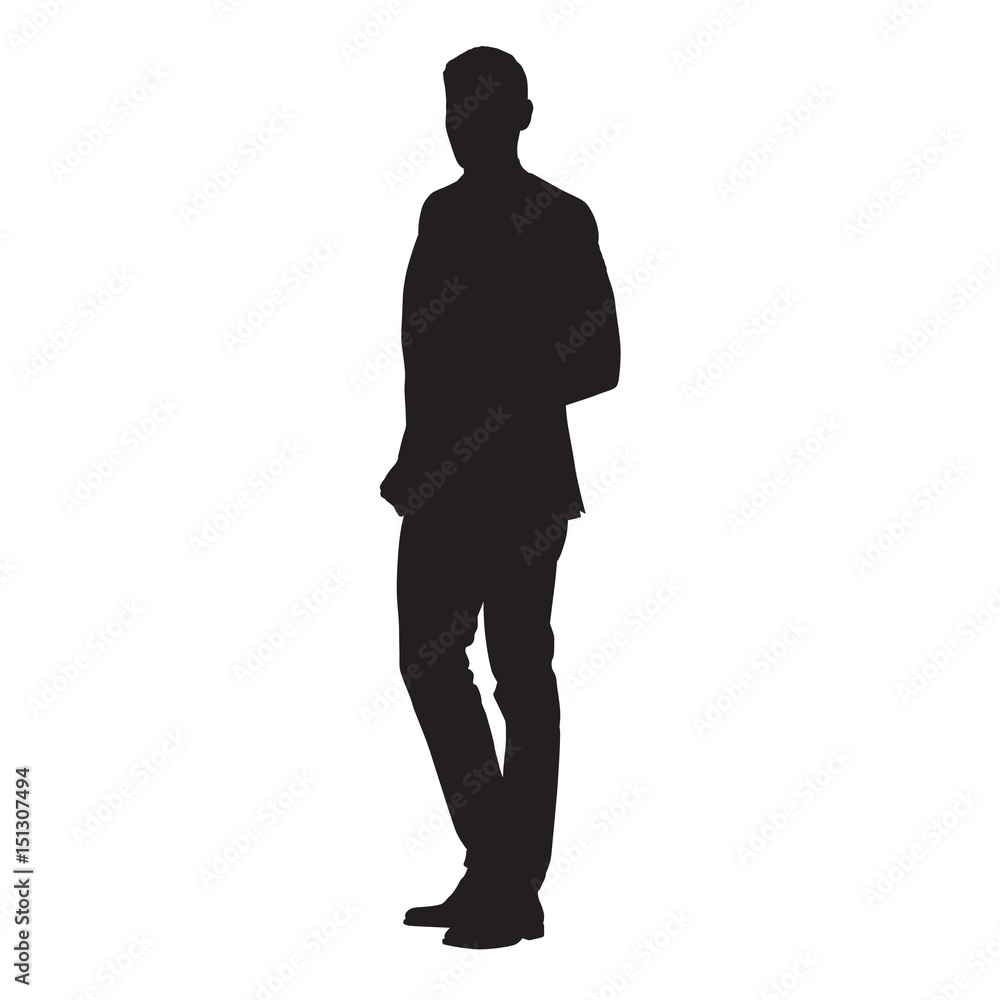 Young man standing in jacket, vector isolated silhouette