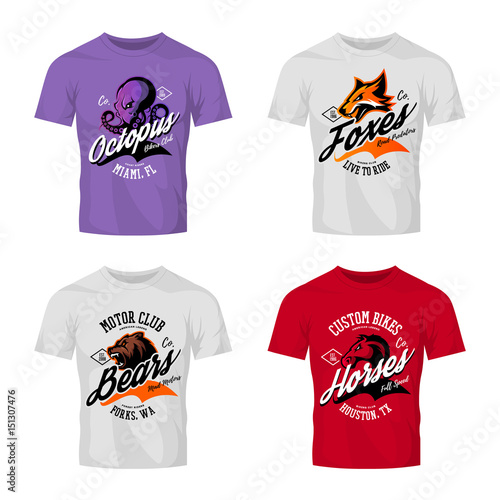 Vintage furious octopus, bear, fox and horse bikers club tee print vector design on t-shirt mockup. 
Street wear t-shirt emblem set. Premium quality wild animal mascot logo concept illustration.