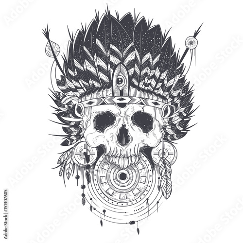 Vector illustration of a template for a tattoo with a human skull in an indian feather hat. Design element, print for T-shirts