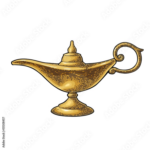 Aladdin magic metal lamp. Vector black vintage engraving
