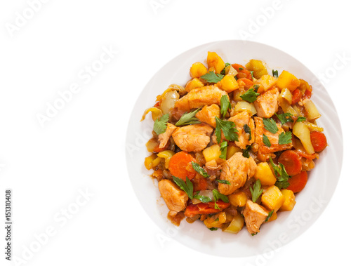 chicken fillet with vegetables. top view. isolated on white