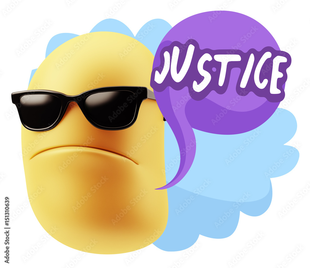 3d Rendering Angry Character Emoji saying Justice with Colorful Speech Bubble. 3d Rendering Angry Character Emoji saying Justice with Colorful Speech Bubble.