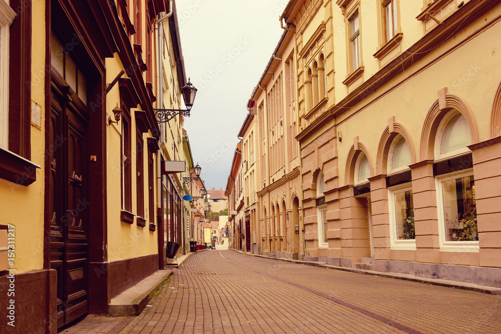 Empty street of Eger city in Hungary, Europe