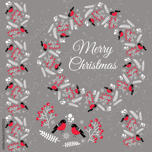 Merry Christmas. Winter items with bullfinches for decoration