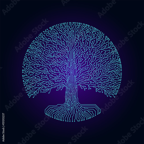 Hi-tech circuit style round yggdrasil tree. Cyberpunk futuristic design.