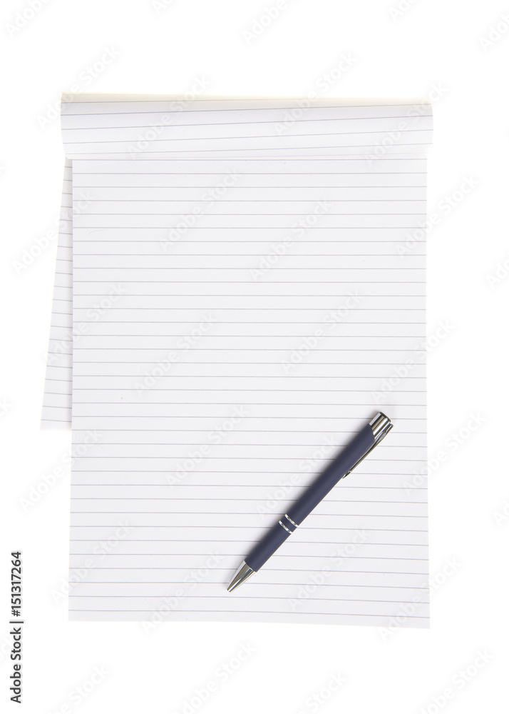 Empty office or school notebook with lines and a blue pen isolated on a white background Empty office or school notebook with lines and a blue pen isolated on a white background